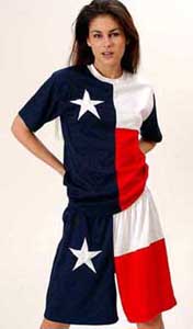 model wearing Texas flag t'shirt and shorts